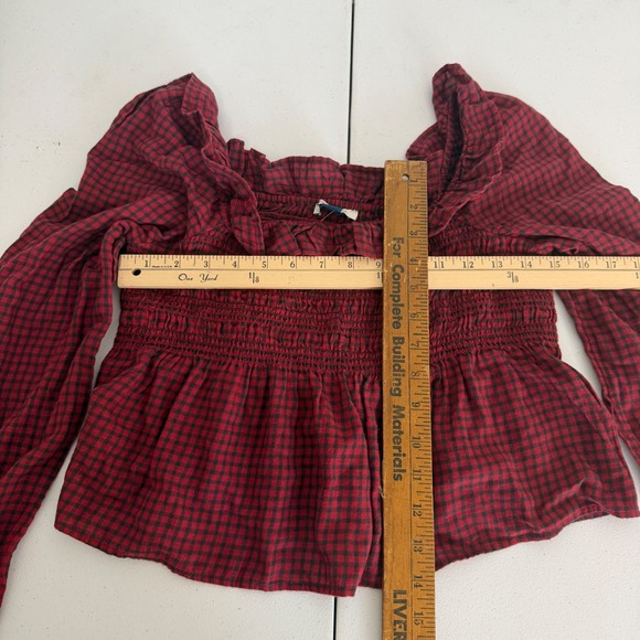 New American Eagle Long-Sleeve Smocked Ruffle Plaid Top Red Gingham Women Small - Picture 9 of 10